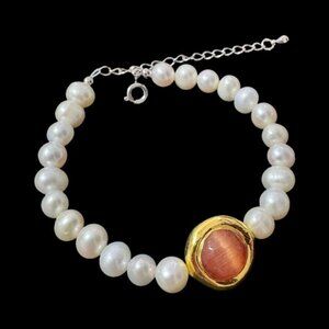 ✨Freshwater Pearl Bracelet with Gold Plated Peach Cabochons (Adjustable)